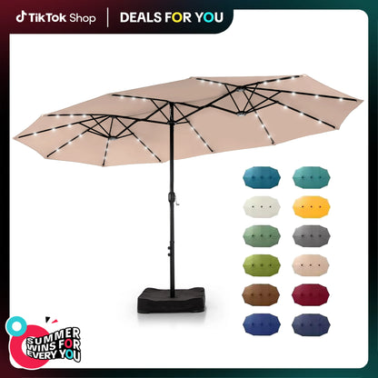 15ft Double-Sided Patio Umbrella with Stand – Outdoor Waterproof Canopy, Built-in LED Lights & Crank Lift