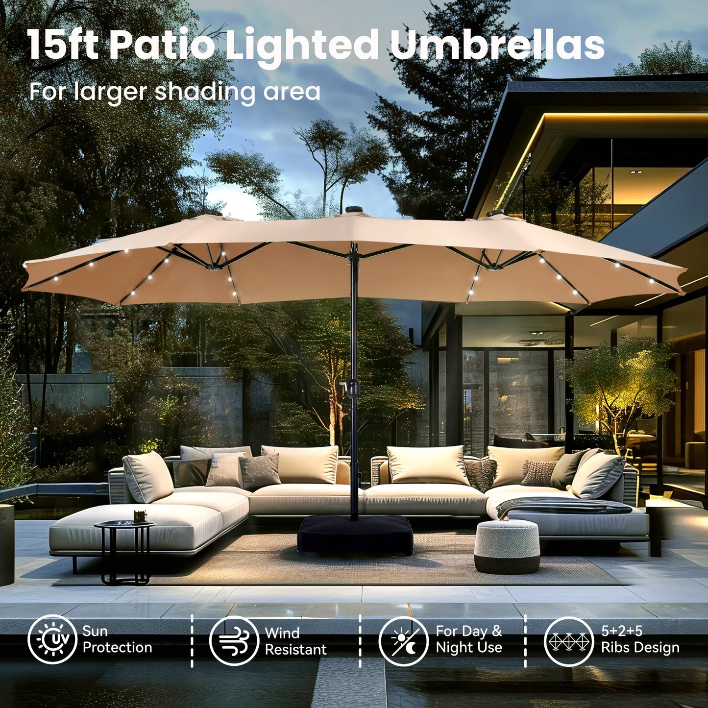 15ft Double-Sided Patio Umbrella with Stand – Outdoor Waterproof Canopy, Built-in LED Lights & Crank Lift