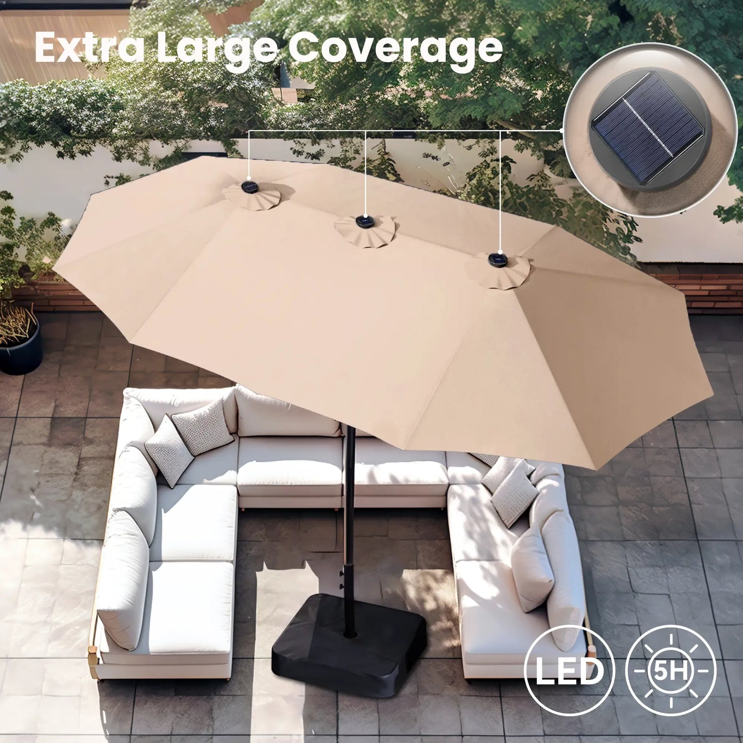 15ft Double-Sided Patio Umbrella with Stand – Outdoor Waterproof Canopy, Built-in LED Lights & Crank Lift
