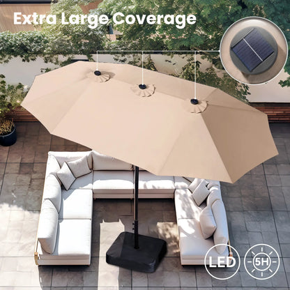 15ft Double-Sided Patio Umbrella with Stand – Outdoor Waterproof Canopy, Built-in LED Lights & Crank Lift