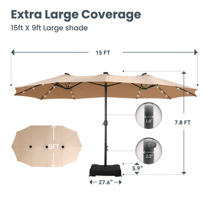 15ft Double-Sided Patio Umbrella with Stand – Outdoor Waterproof Canopy, Built-in LED Lights & Crank Lift