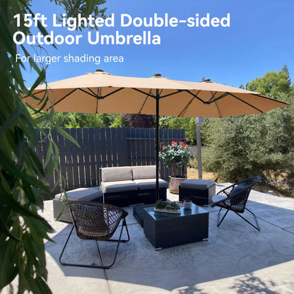15ft Double-Sided Patio Umbrella with Stand – Outdoor Waterproof Canopy, Built-in LED Lights & Crank Lift
