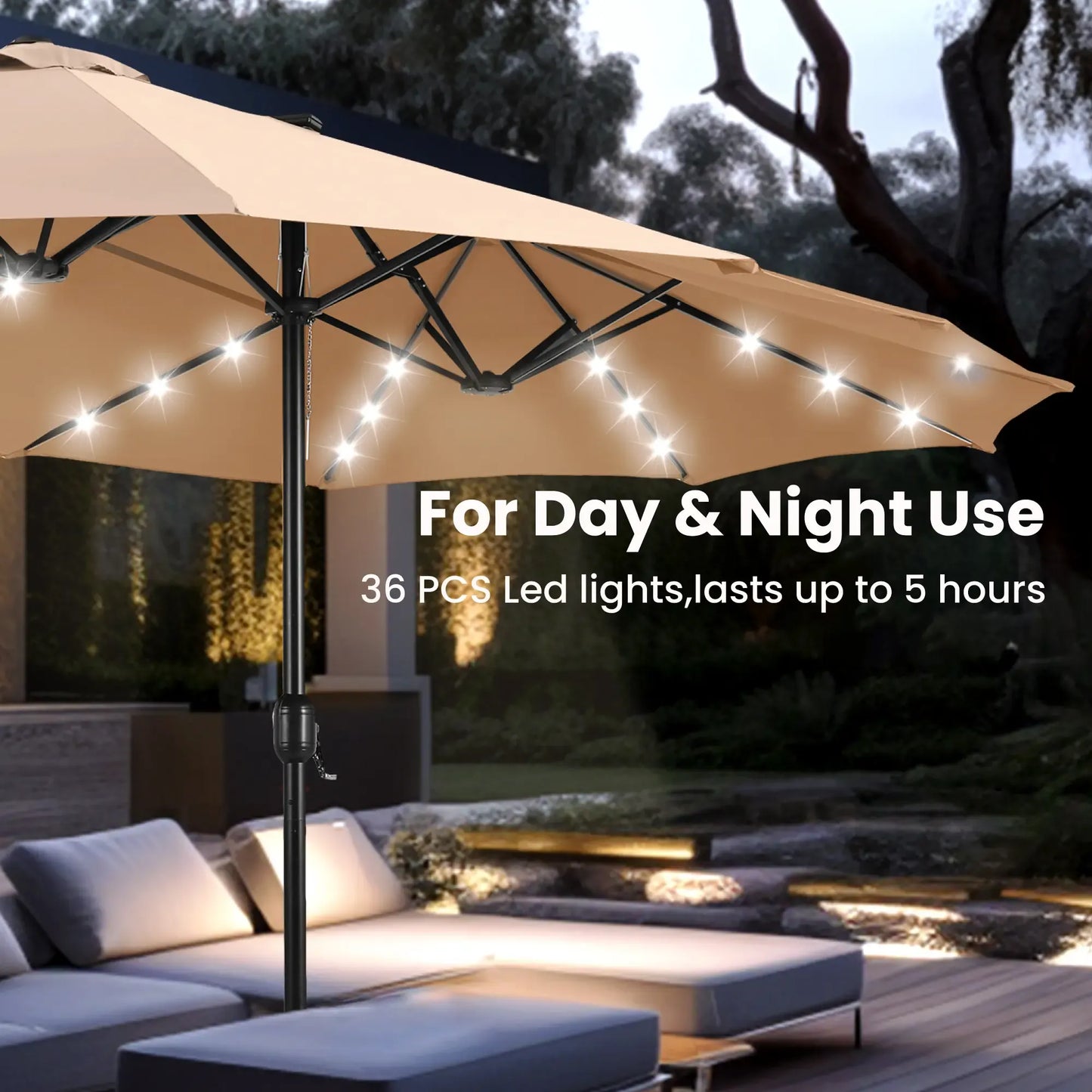 15ft Double-Sided Patio Umbrella with Stand – Outdoor Waterproof Canopy, Built-in LED Lights & Crank Lift