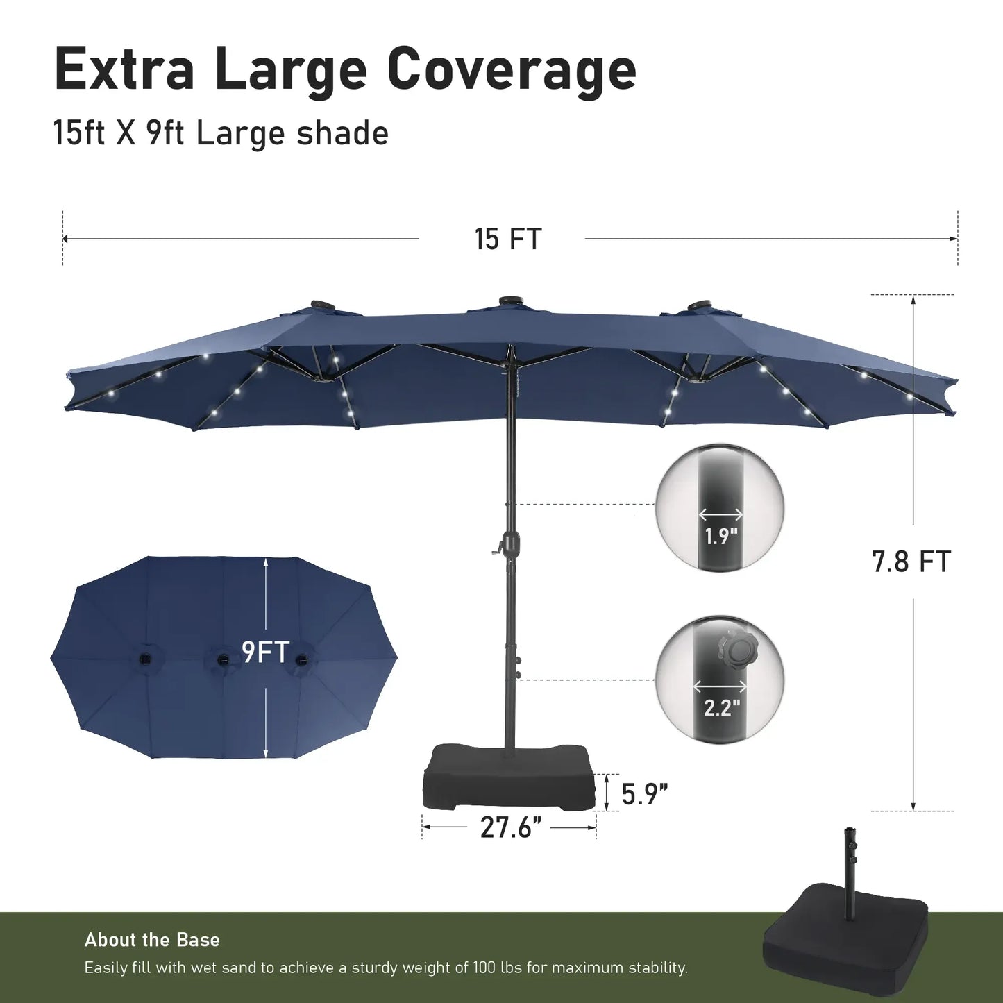 15ft Double-Sided Patio Umbrella with Stand – Outdoor Waterproof Canopy, Built-in LED Lights & Crank Lift
