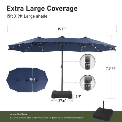 15ft Double-Sided Patio Umbrella with Stand – Outdoor Waterproof Canopy, Built-in LED Lights & Crank Lift