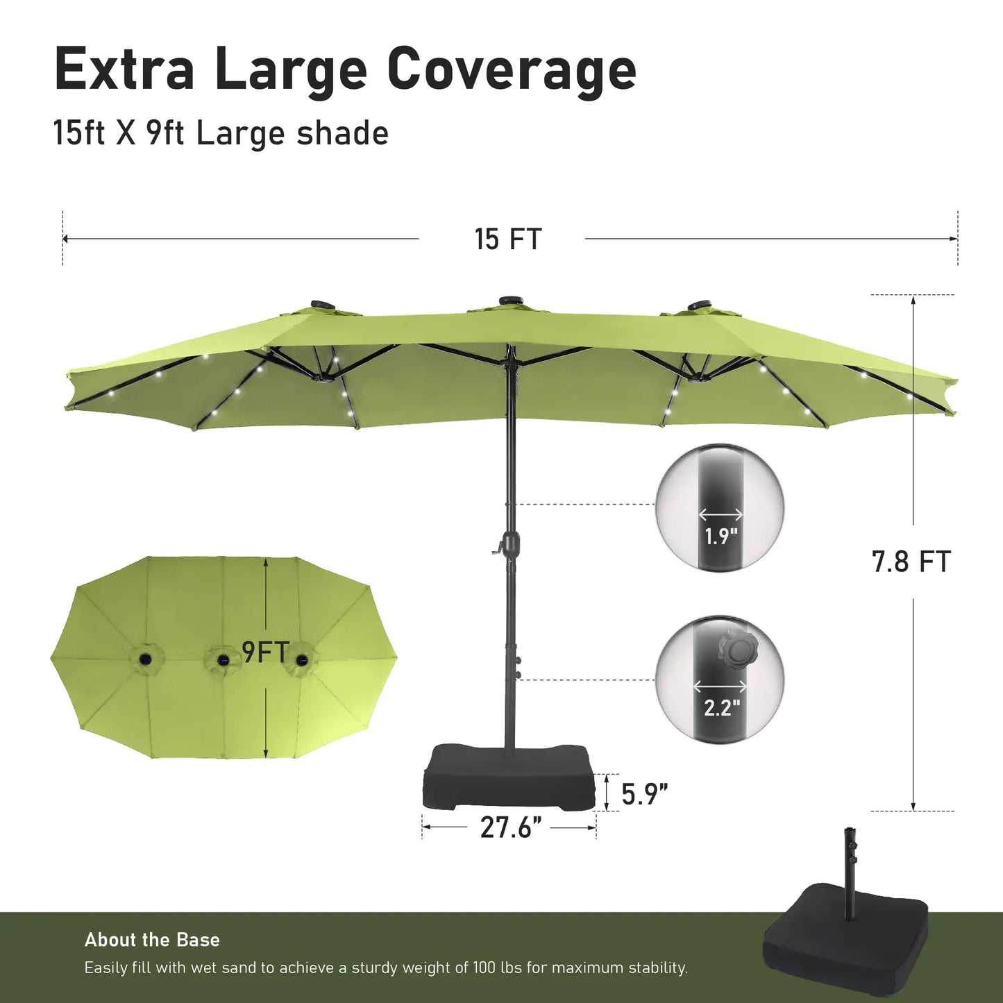 15ft Double-Sided Patio Umbrella with Stand – Outdoor Waterproof Canopy, Built-in LED Lights & Crank Lift