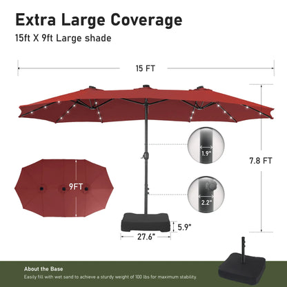 15ft Double-Sided Patio Umbrella with Stand – Outdoor Waterproof Canopy, Built-in LED Lights & Crank Lift