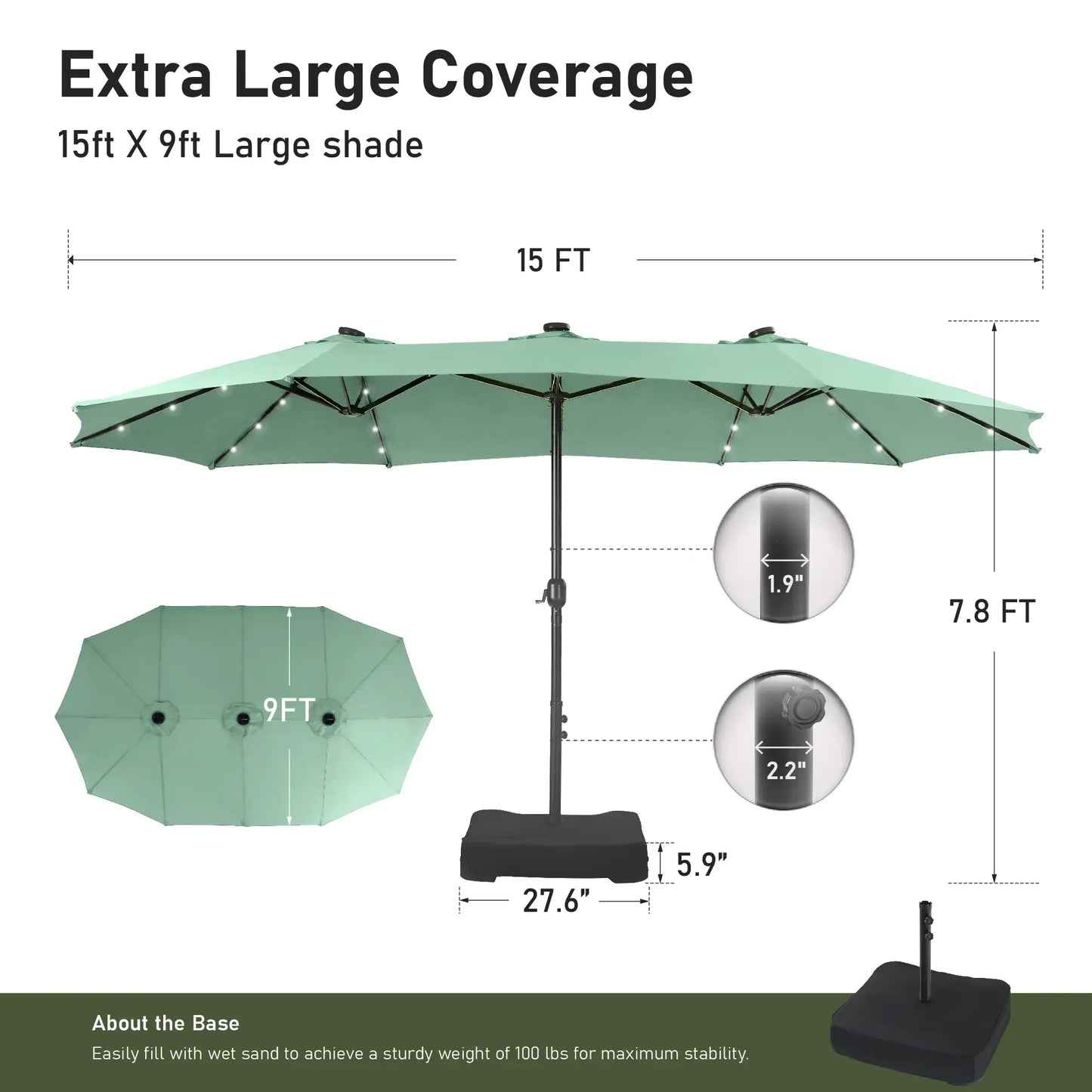 15ft Double-Sided Patio Umbrella with Stand – Outdoor Waterproof Canopy, Built-in LED Lights & Crank Lift