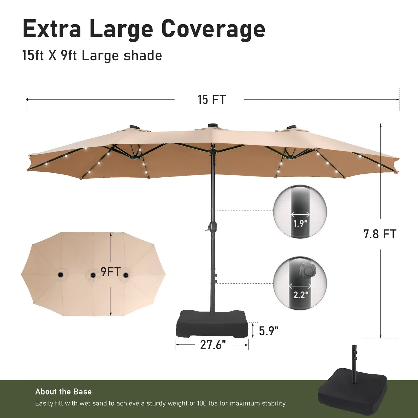 15ft Double-Sided Patio Umbrella with Stand – Outdoor Waterproof Canopy, Built-in LED Lights & Crank Lift