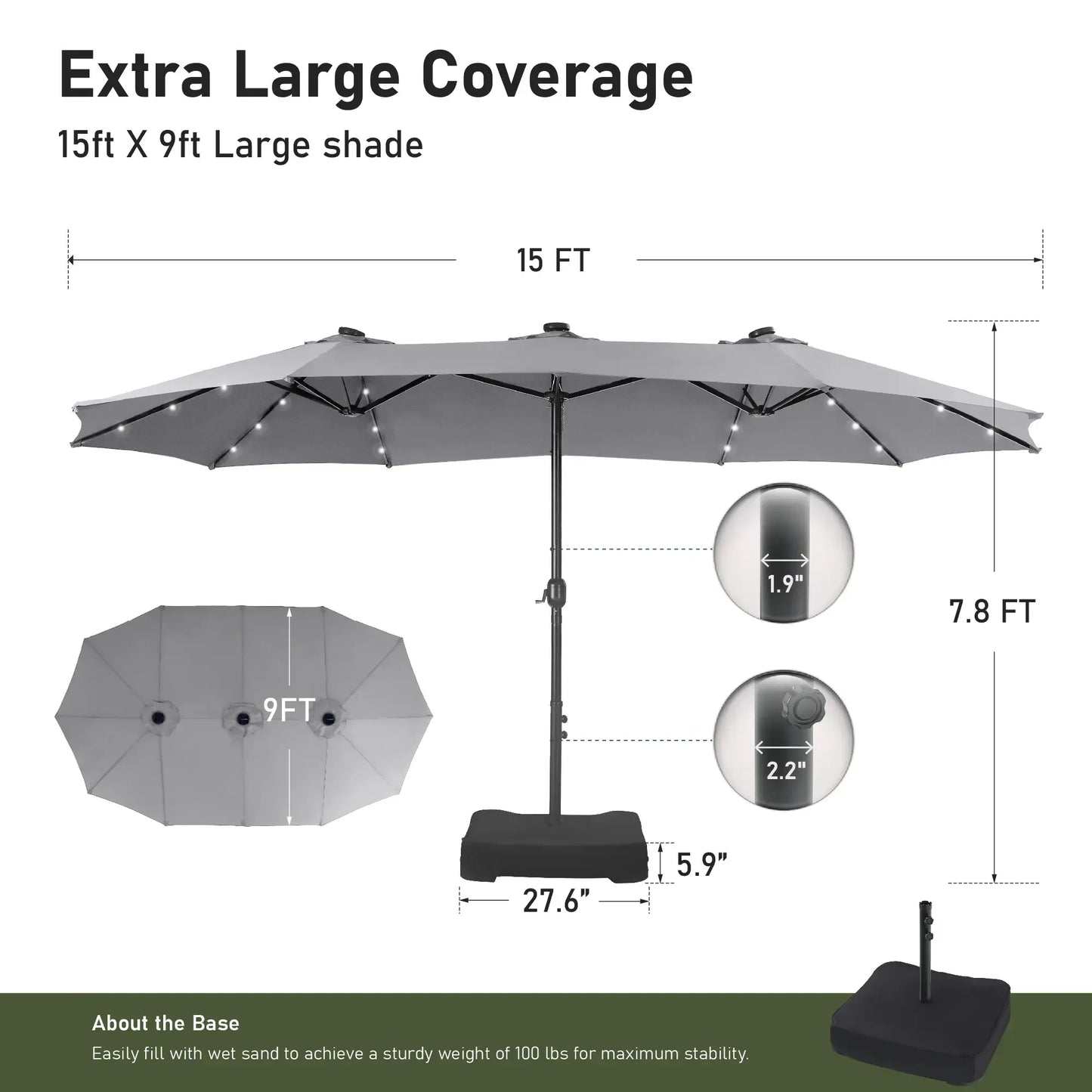 15ft Double-Sided Patio Umbrella with Stand – Outdoor Waterproof Canopy, Built-in LED Lights & Crank Lift