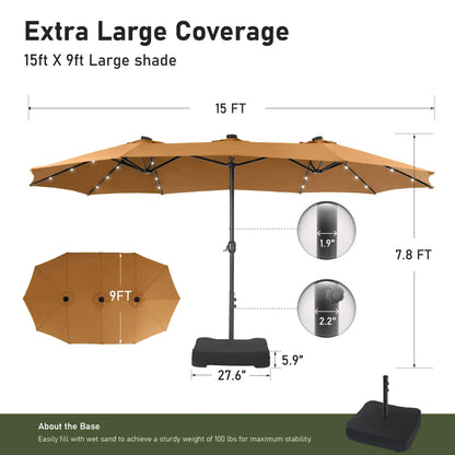 15ft Double-Sided Patio Umbrella with Stand – Outdoor Waterproof Canopy, Built-in LED Lights & Crank Lift