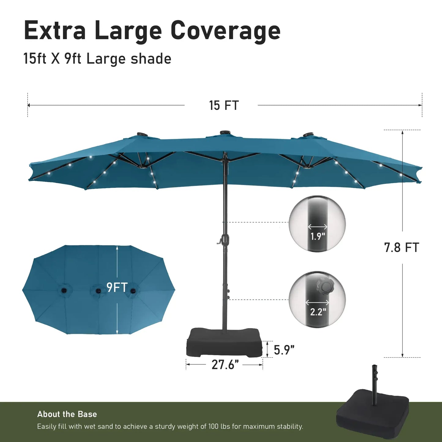 15ft Double-Sided Patio Umbrella with Stand – Outdoor Waterproof Canopy, Built-in LED Lights & Crank Lift