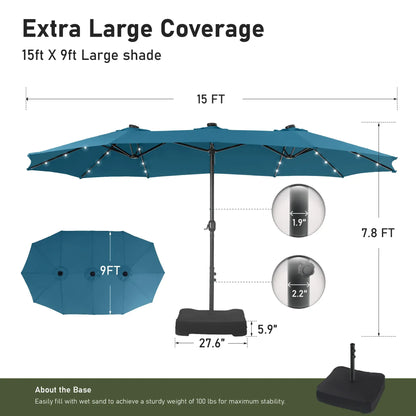 15ft Double-Sided Patio Umbrella with Stand – Outdoor Waterproof Canopy, Built-in LED Lights & Crank Lift