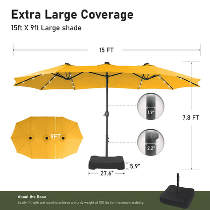 15ft Double-Sided Patio Umbrella with Stand – Outdoor Waterproof Canopy, Built-in LED Lights & Crank Lift