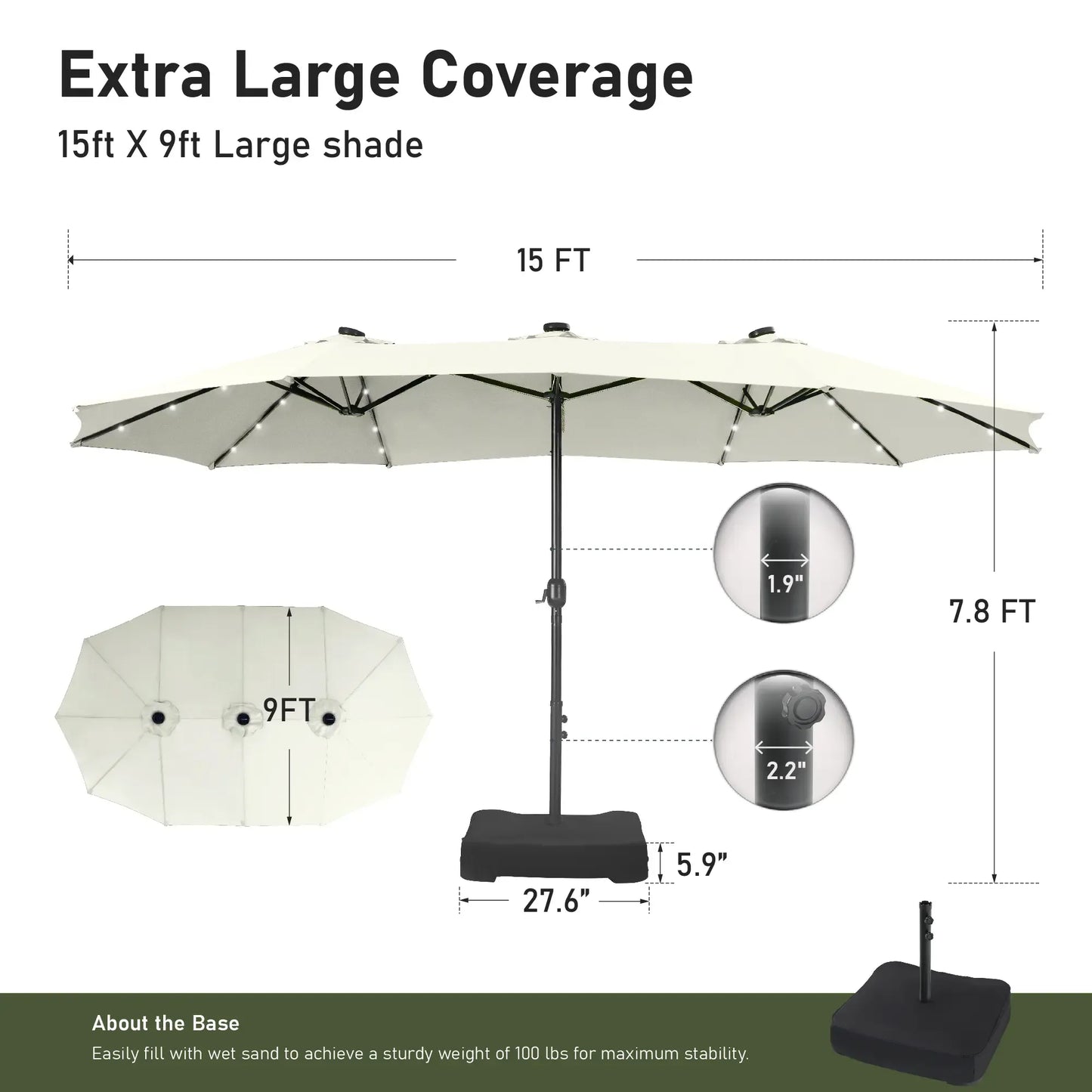 15ft Double-Sided Patio Umbrella with Stand – Outdoor Waterproof Canopy, Built-in LED Lights & Crank Lift