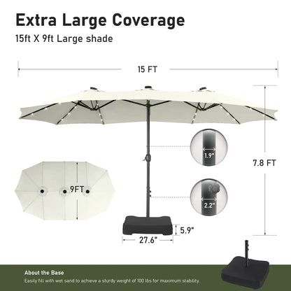 15ft Double-Sided Patio Umbrella with Stand – Outdoor Waterproof Canopy, Built-in LED Lights & Crank Lift
