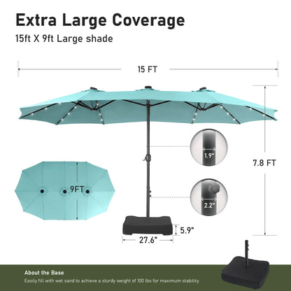 15ft Double-Sided Patio Umbrella with Stand – Outdoor Waterproof Canopy, Built-in LED Lights & Crank Lift