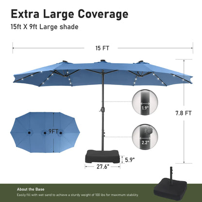 15ft Double-Sided Patio Umbrella with Stand – Outdoor Waterproof Canopy, Built-in LED Lights & Crank Lift